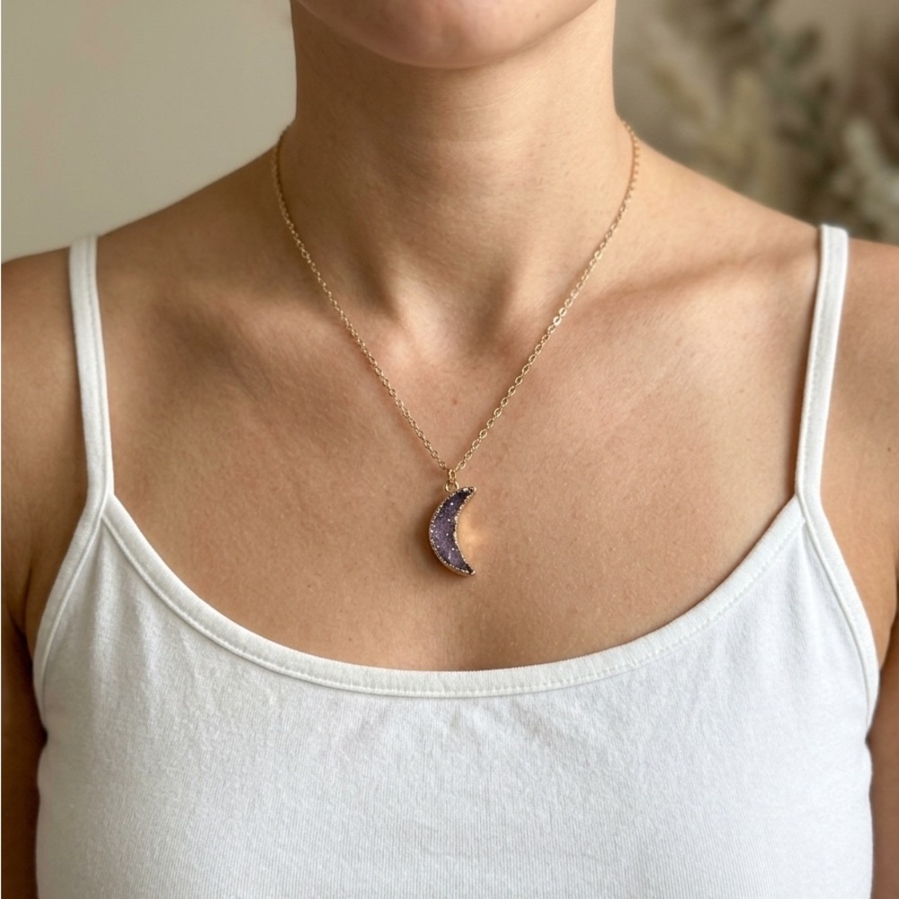 Gold Crescent Moon Pendant Necklace with Lavender Druzy